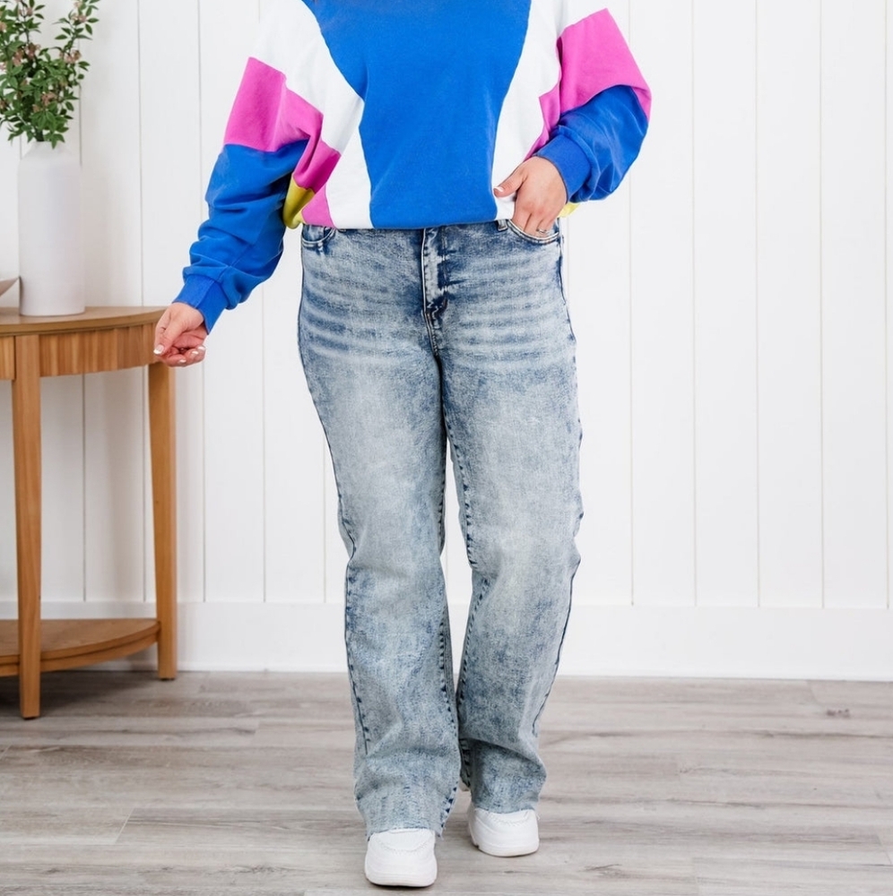 Judy Blue High Rise Light Mineral Wash Raw Hem Wide Leg Jeans